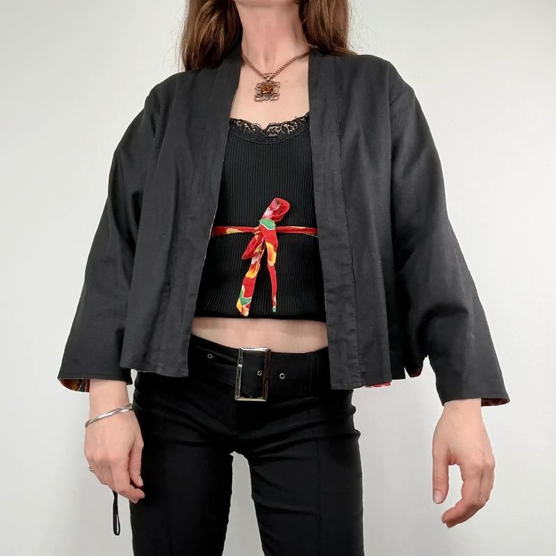 black linen boxy cropped kimono jacket