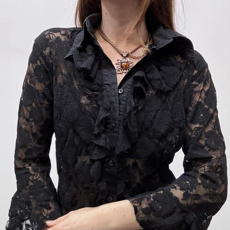 black sheer lace flared shirt