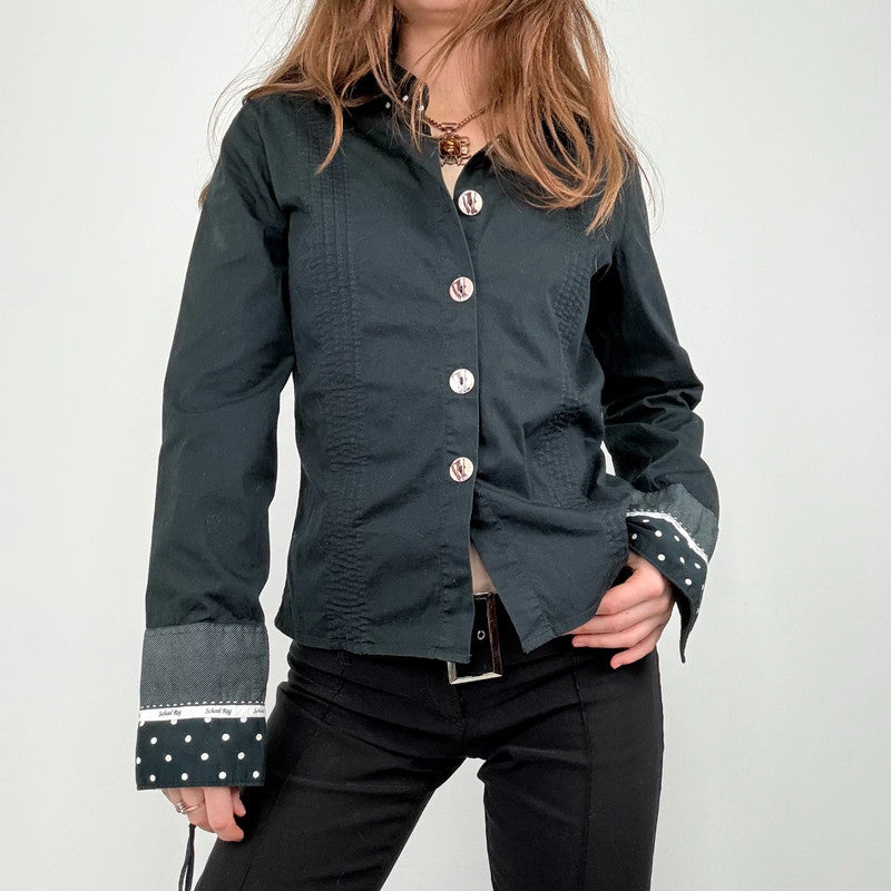 black polkadot flared shirt