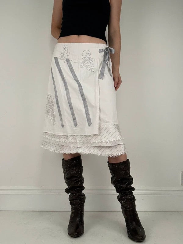White fray patchwork asymmetrical bow midi skirt