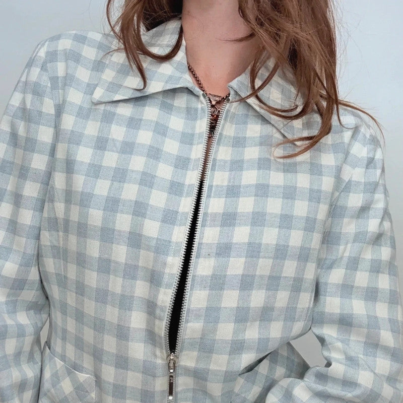 boxy blue and white gingham cropped linen zip-up jacket
