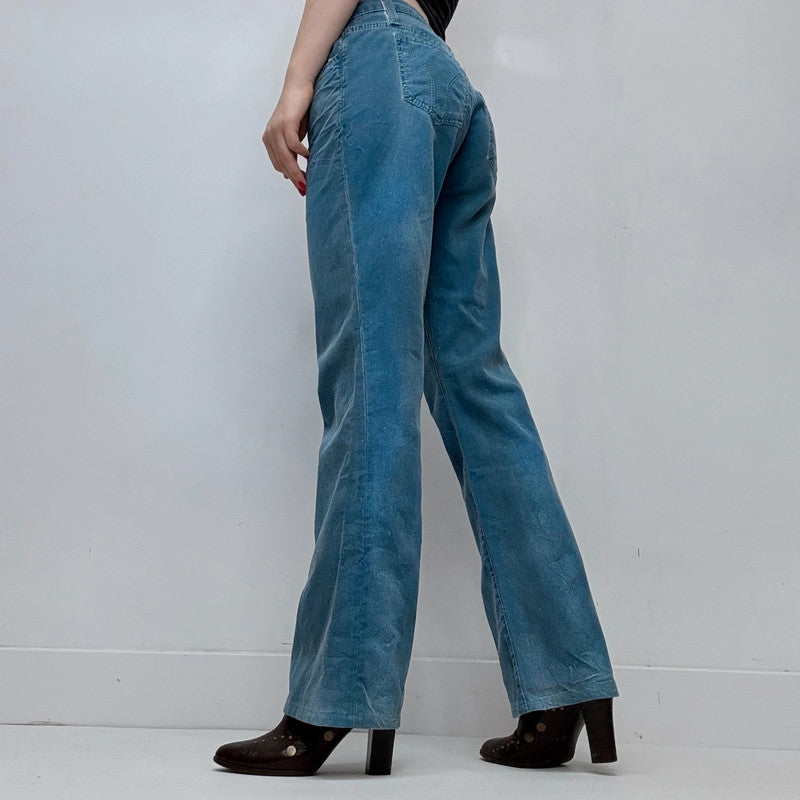 low-rise distressed blue crinkle jeans