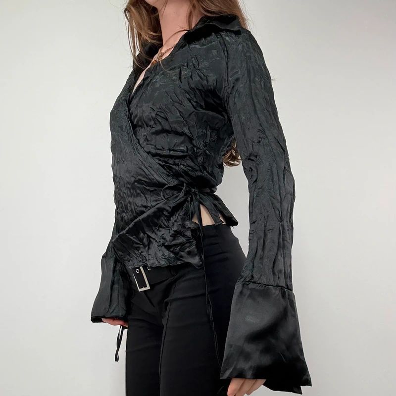 black crinkle satin cropped wrap shirt