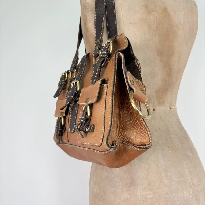 Tan leather Y2K buckle city handbag