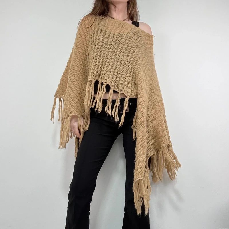 tan sheer knit crochet poncho