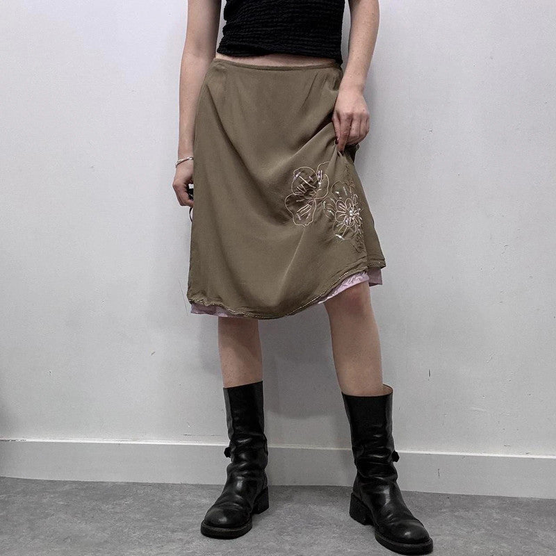 khaki silky layered midi skirt
