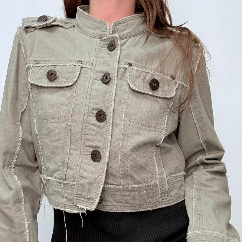 khaki cropped button-up utility jacket