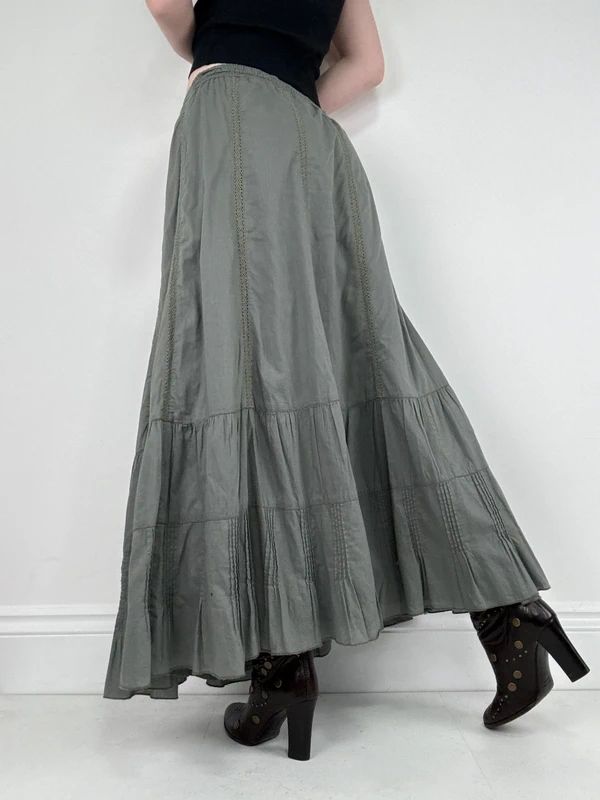 Monsoon khaki cotton flared maxi skirt