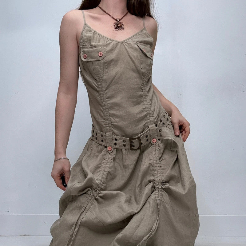 draped khaki belted grunge midi dress