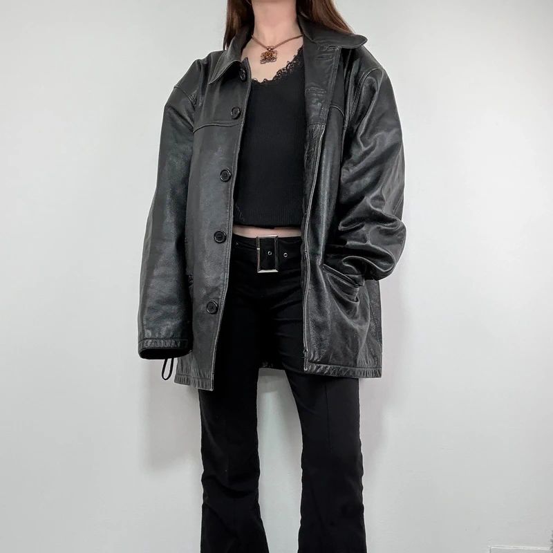 oversized black leather jacket