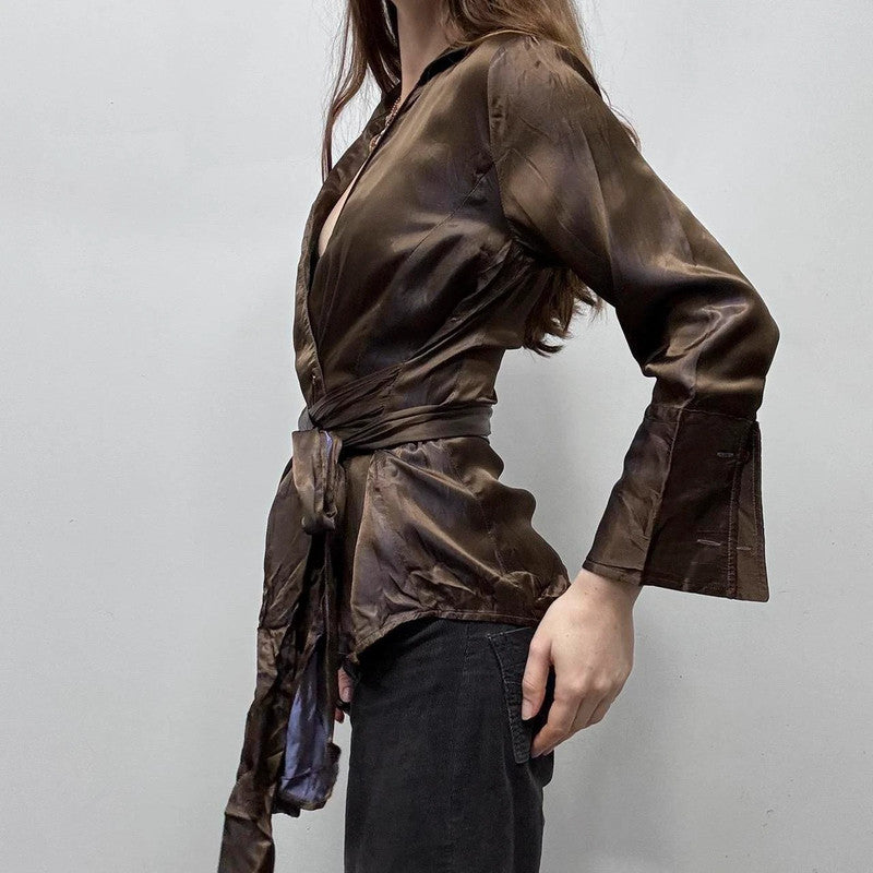 two tone brown silky wrap shirt