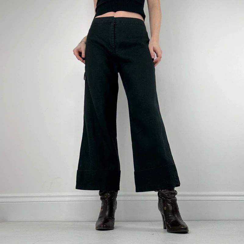Black linen flared minimalist trousers
