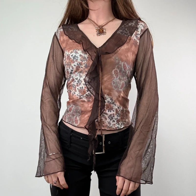 Brown floaty sheer Flared Boho Shirt