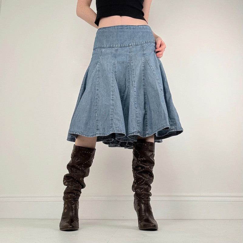 flared denim panelled midi skirt