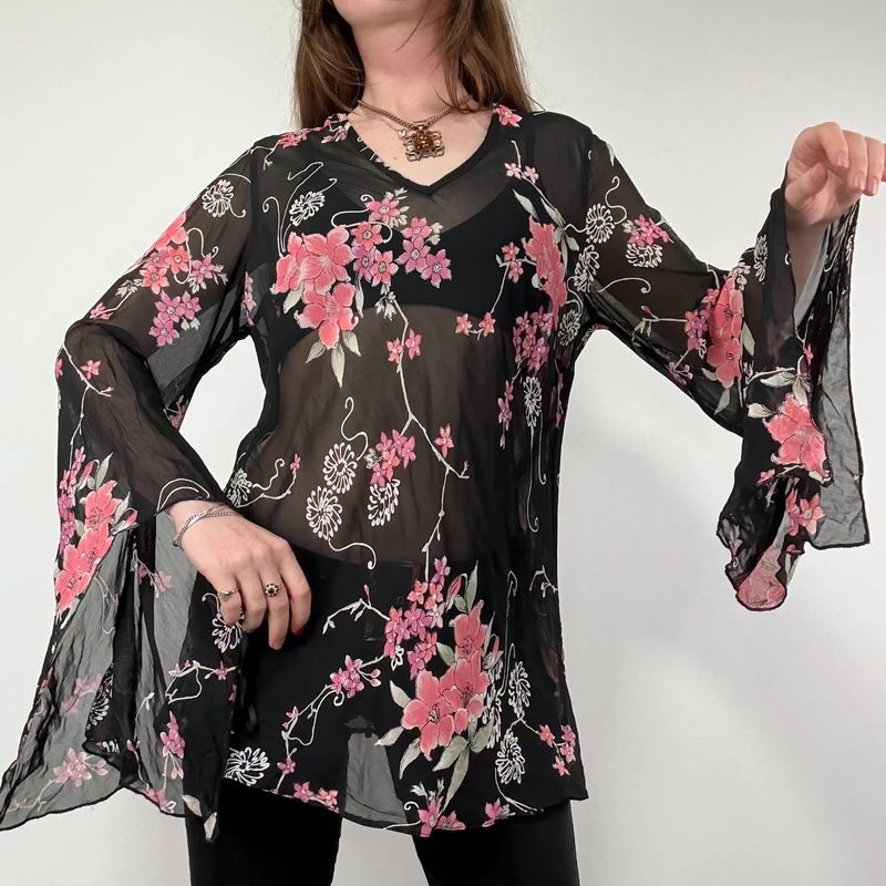 Sheer Black Asymmetric Flutter Blouse