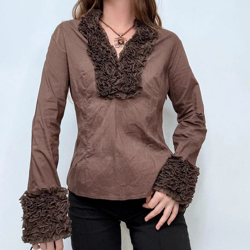 brown ruffle flared shirt
