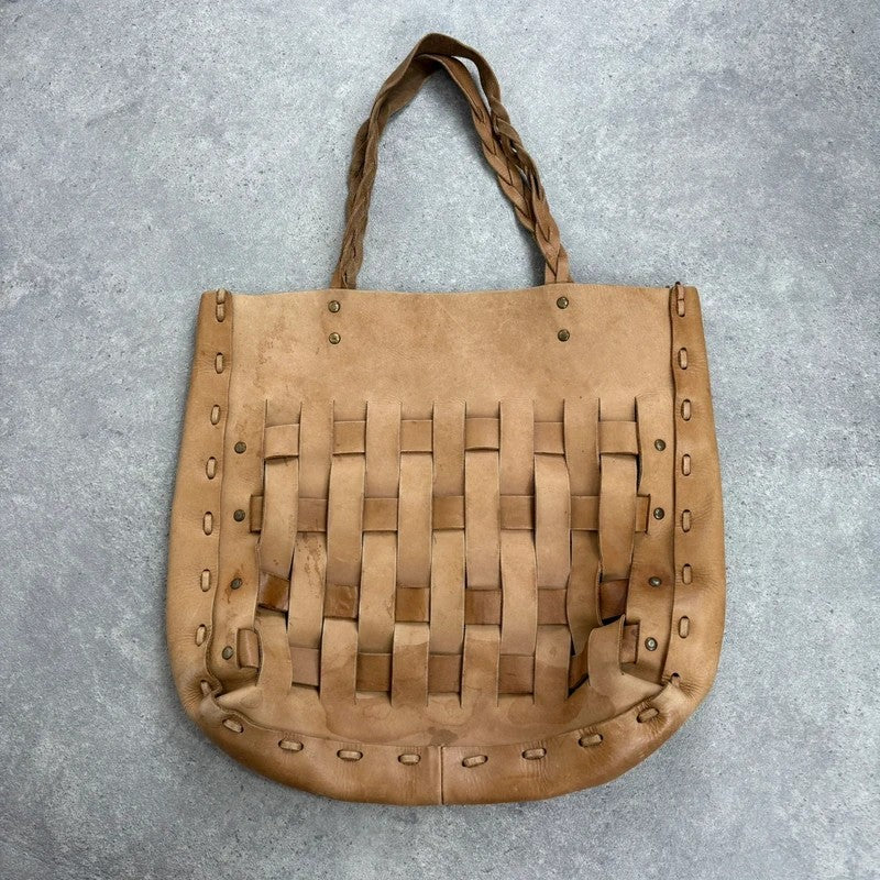 Beige leather woven distressed shoulder bag