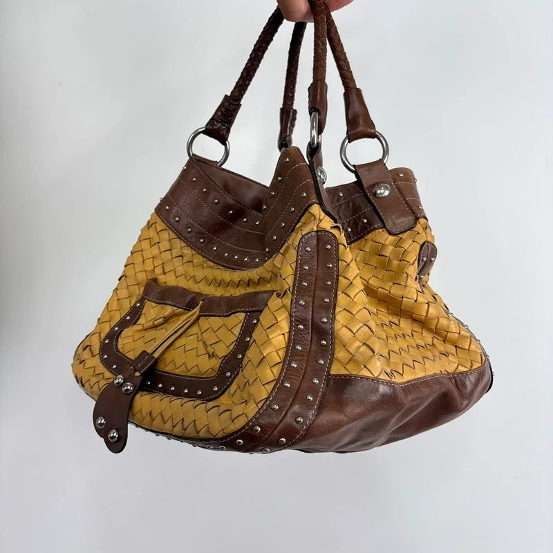 Woven leather brown Karen millen studded handbag