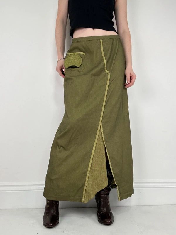 asymmetric khaki maxi skirt