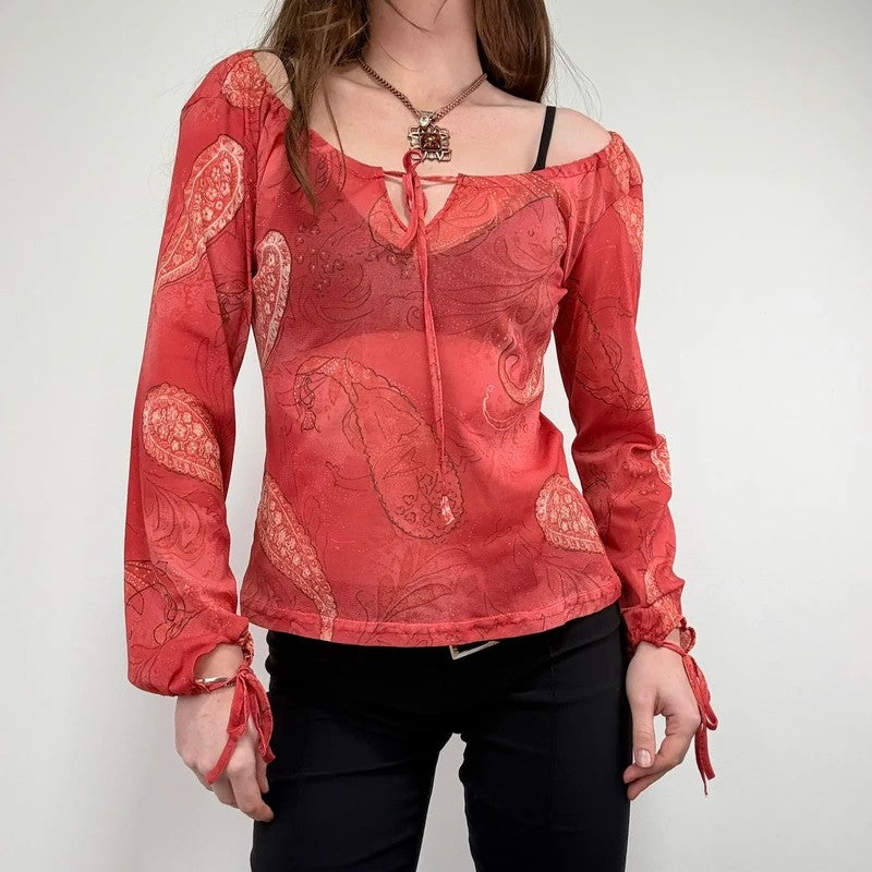 sheer paisley slouchy off-the-shoulder mesh blouse