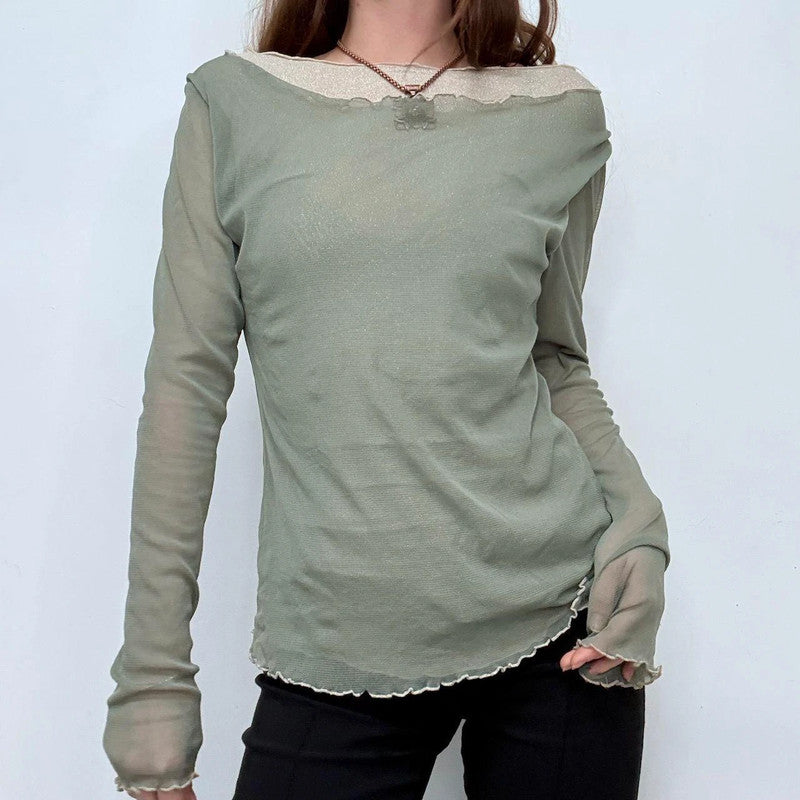 sheer layered khaki green slash neck long sleeve t-shirt