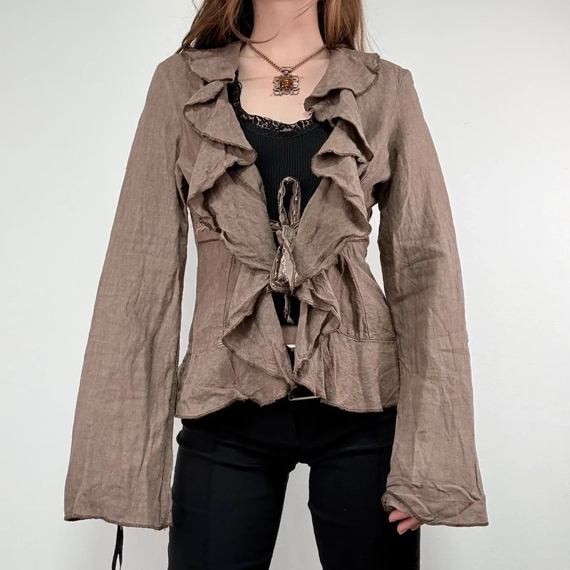 brown linen flared fitted ruffle shirt