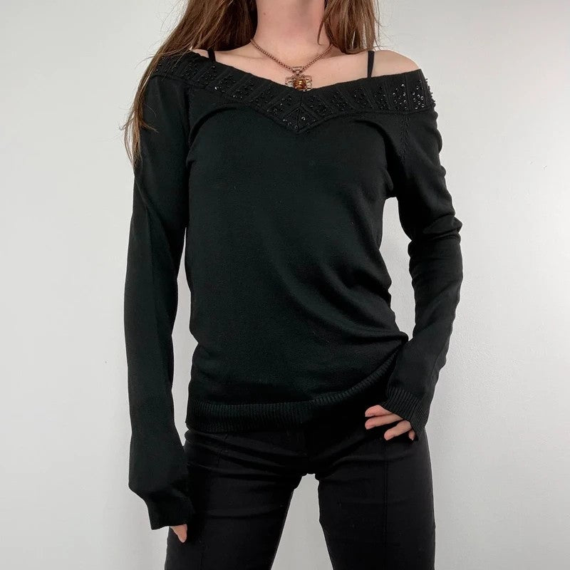 slouchy black off the shoulder glitter ribbed sweater