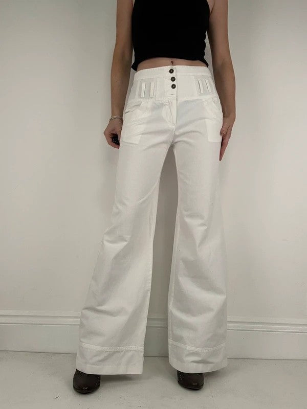 white flared wide leg button front cotton trousers