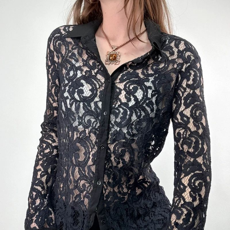 sheer navy lace fitted shirt