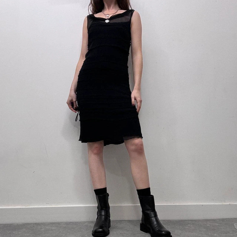 sheer ruffle black silk dress
