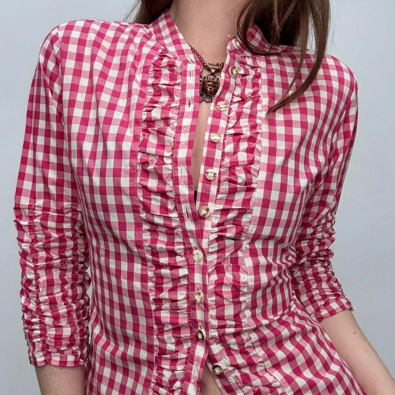 pink tartan ruffle ruched shirt