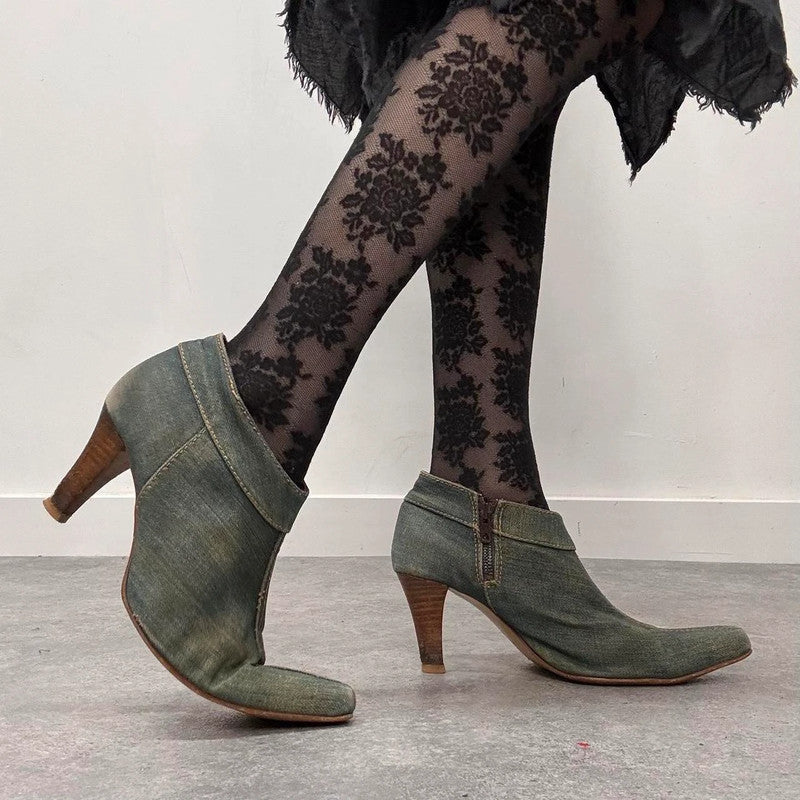distressed denim archival heels