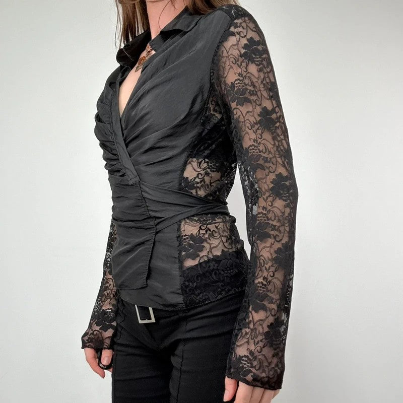 gathered lace wrap around shirt