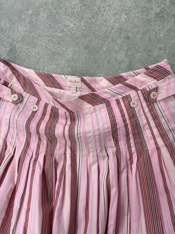 pink cotton pleated pinstripe flared midi skirt