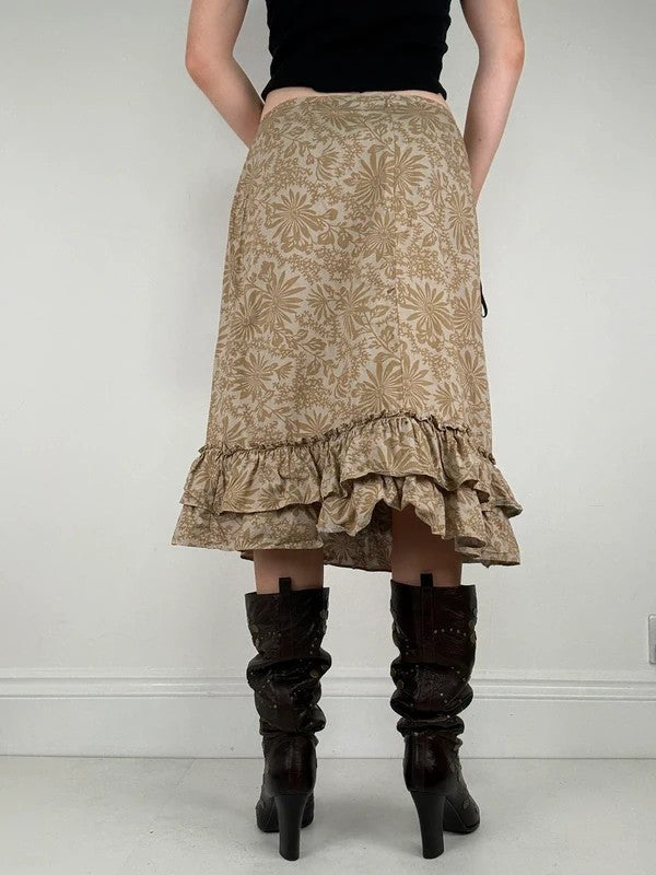 Beige floral double ruffle hem vintage skirt