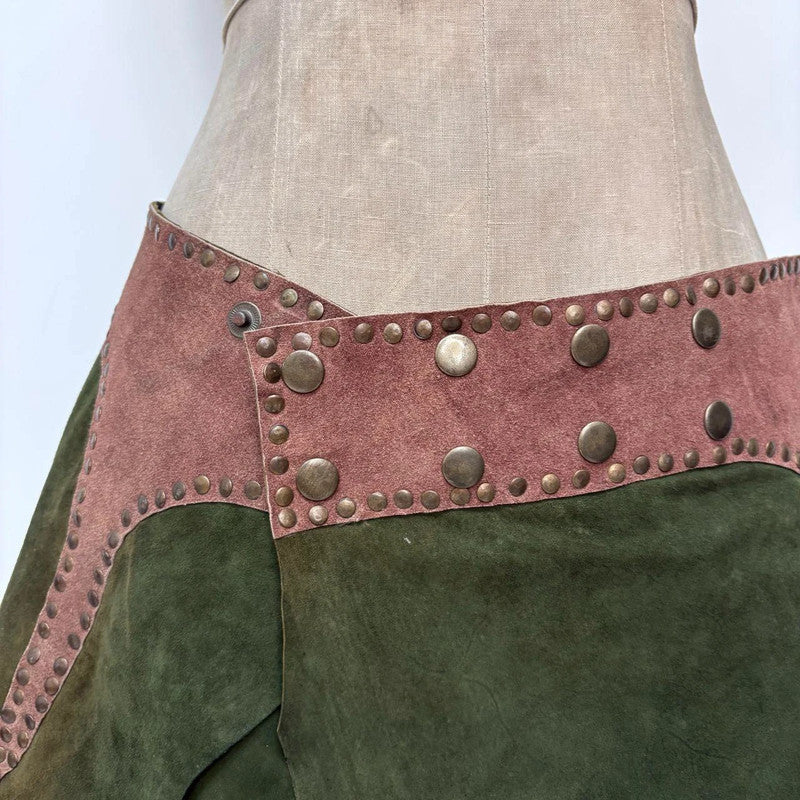 khaki green studded boho leather skirt belt