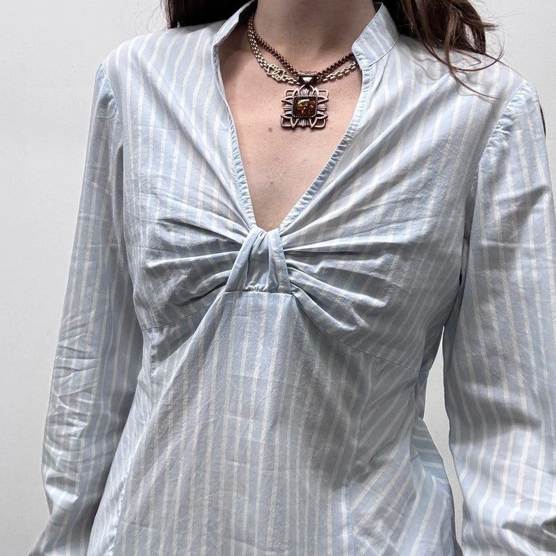 blue pinstripe flared office shirt