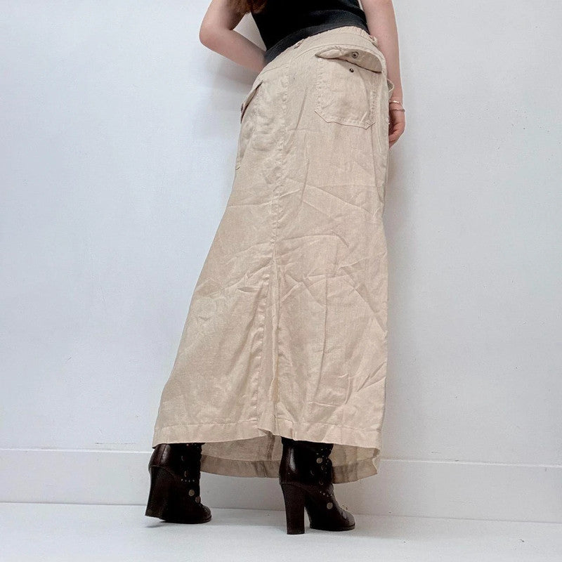 tan linen cargo maxi linen skirt