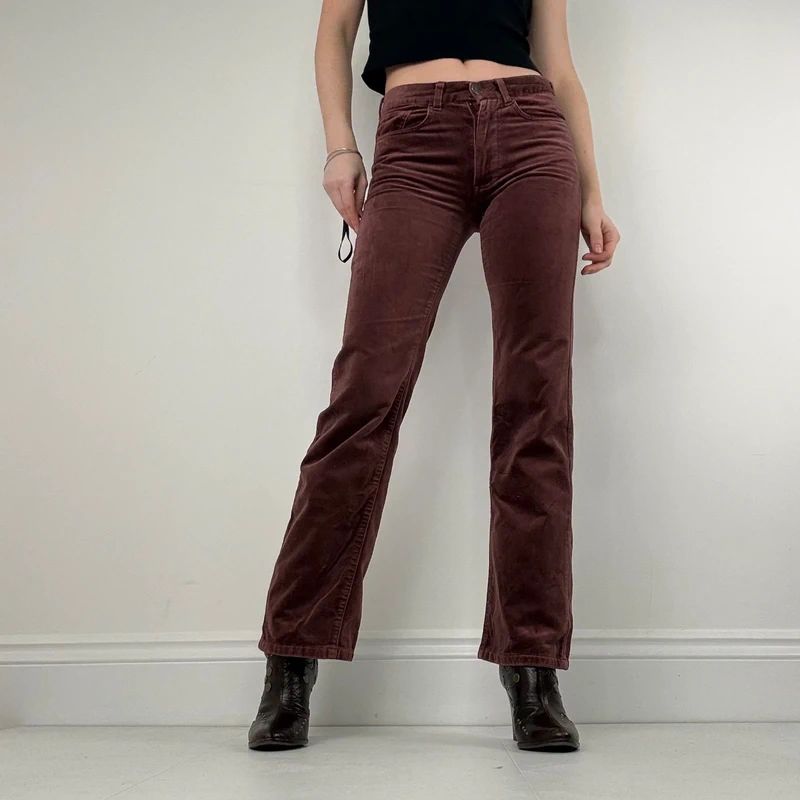 burgundy flared leg velour trousers