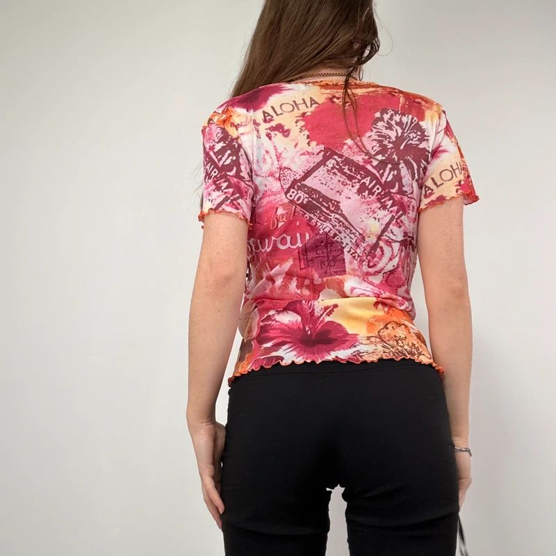 pink hawaiian floral graphic printed mesh top
