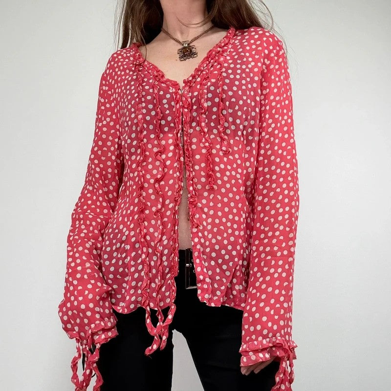 Red polka dot flutter fray blouse with hook and eyes