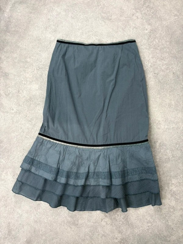 Blue cotton lace tiered maxi skirt