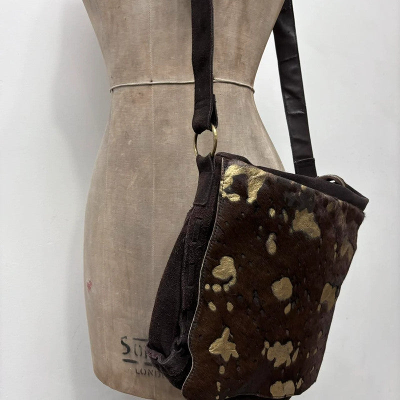 cow hide abstract gold messenger bag