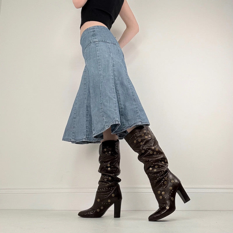 flared denim panelled midi skirt