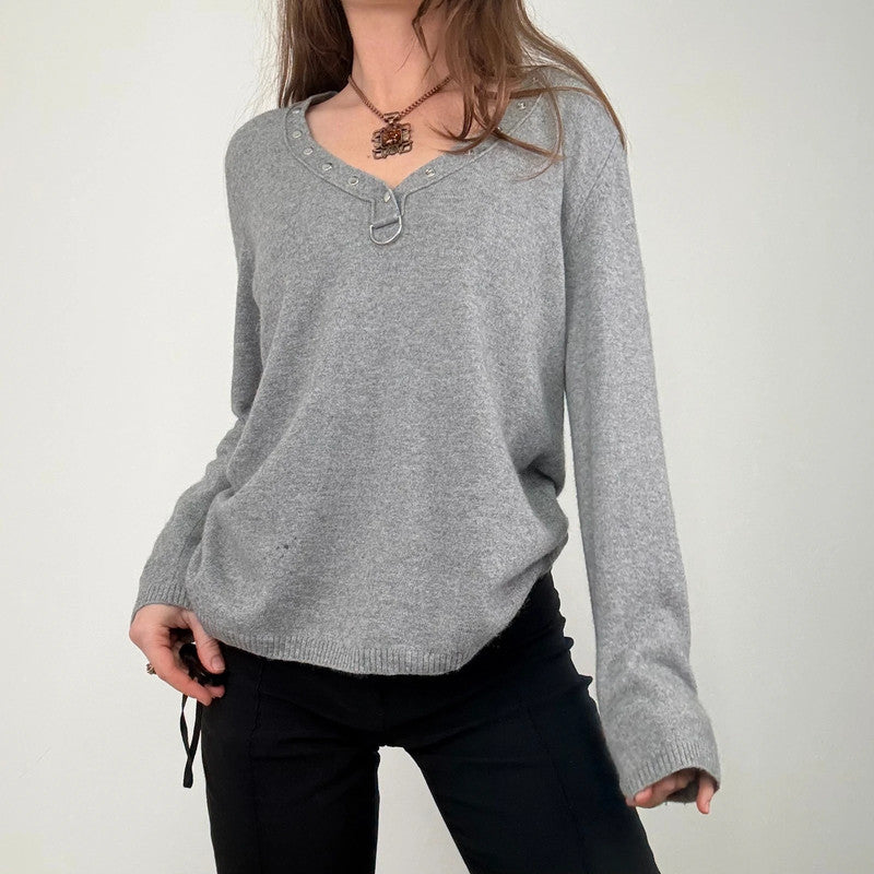 grey cashmere slouchy studded jumper