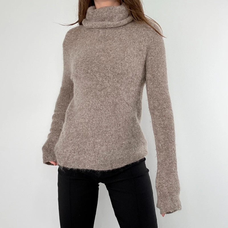 brown taupe fluffy knit mock neck