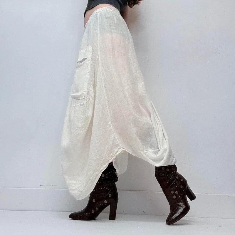 white linen draped puff maxi skirt