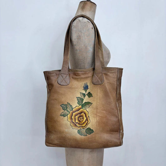 Distressed faux leather floral hand painted bag