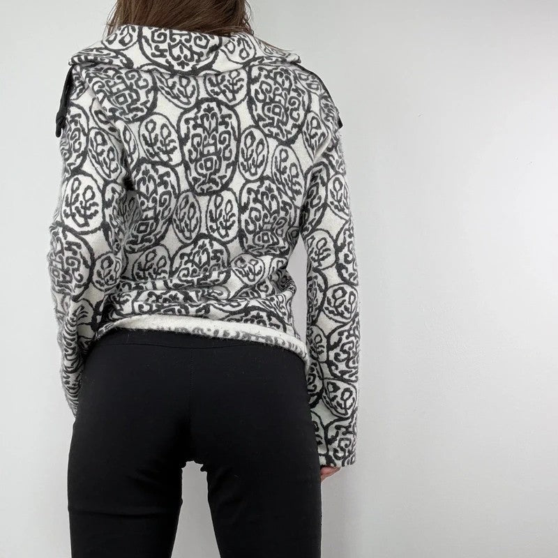 black and white slouchy patterned knit jumper, angora zip through funnel neck