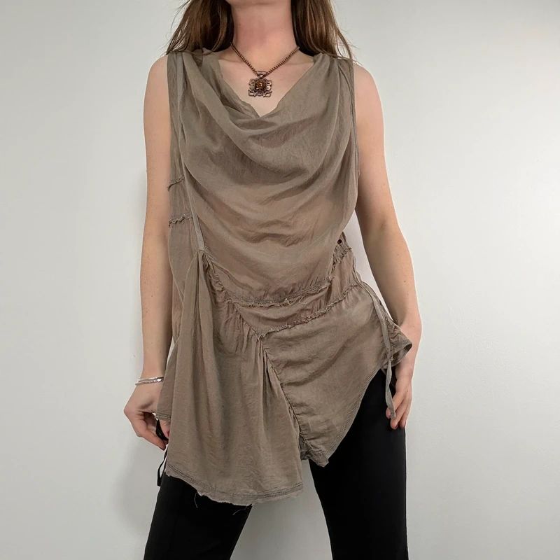 khaki brown draped slouchy asymmetric vest